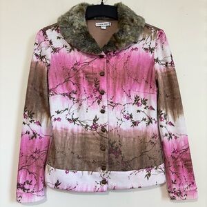Vintage Carol & Joh's Coquette Fairy faux fur collar floral button knit cardigan